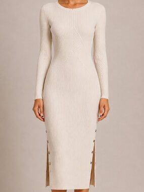 GUESS Ivory Ribbed Knit Midi Sweater Dress Side Slit Small